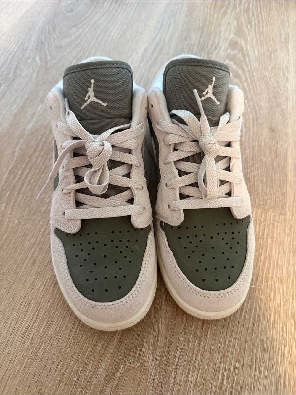Jordan Low-Top Sneakers in Olive Green and Light Grey/Ivory. Worn one time.